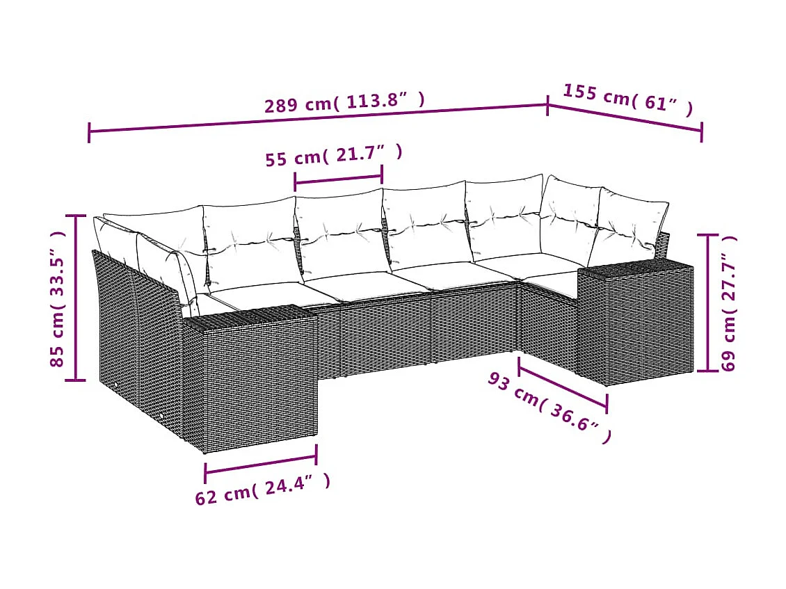 Salon de jardin 7 pcs avec coussins noir résine tressée