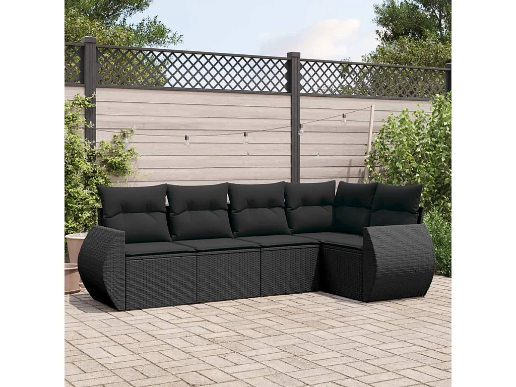Salon de jardin 5 pcs avec coussins noir résine tressée