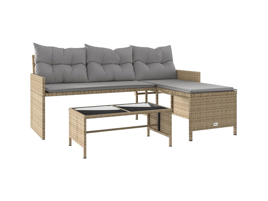 Canapé de jardin table et coussins en forme de L mélange beige