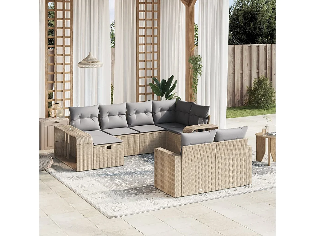 Salon de jardin avec coussins 10 pcs beige résine tressée