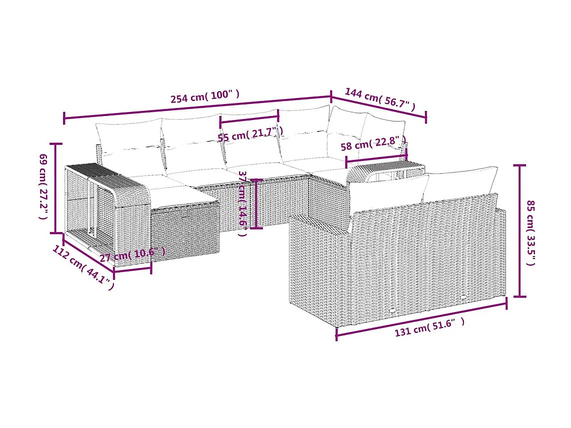 Salon de jardin avec coussins 10 pcs beige résine tressée