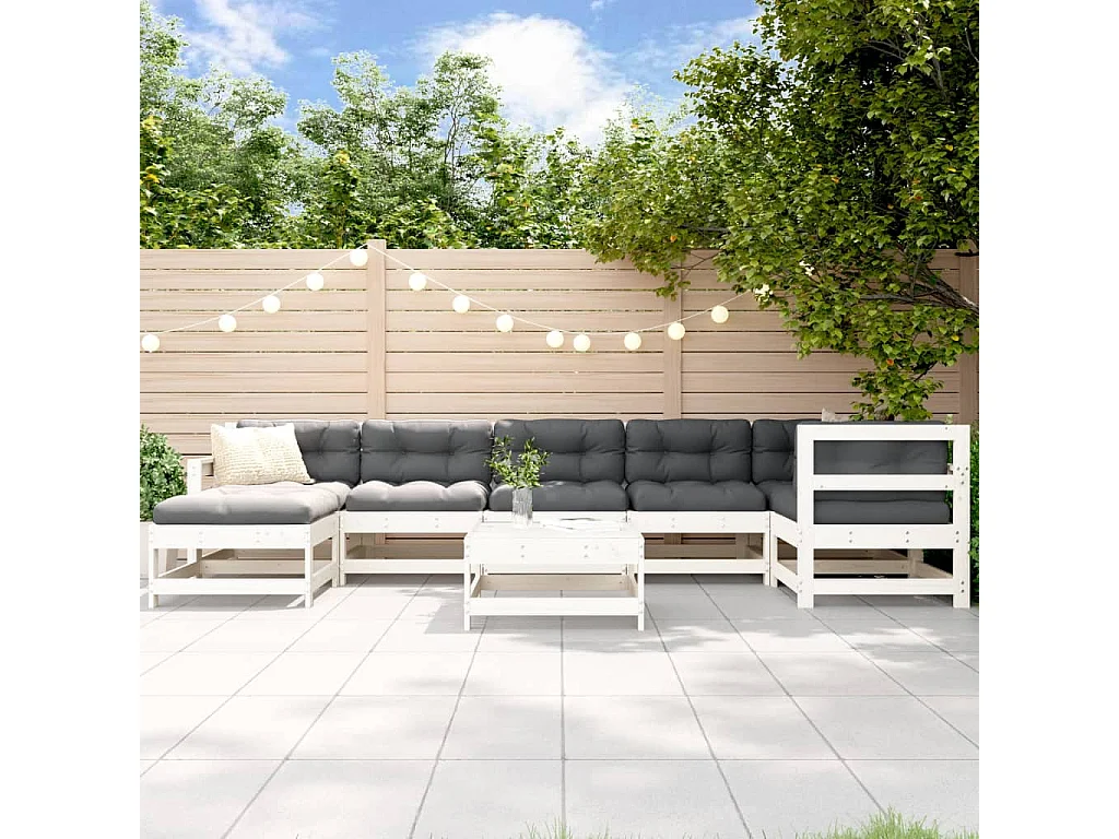 Salon de jardin 8 pcs avec coussins blanc bois massif