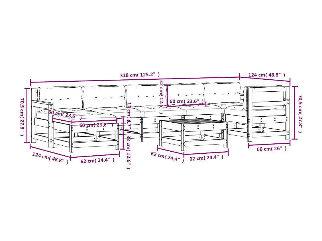 Salon de jardin 8 pcs avec coussins blanc bois massif
