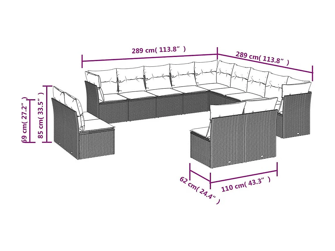 Salon de jardin avec coussins 13 pcs noir résine tressée
