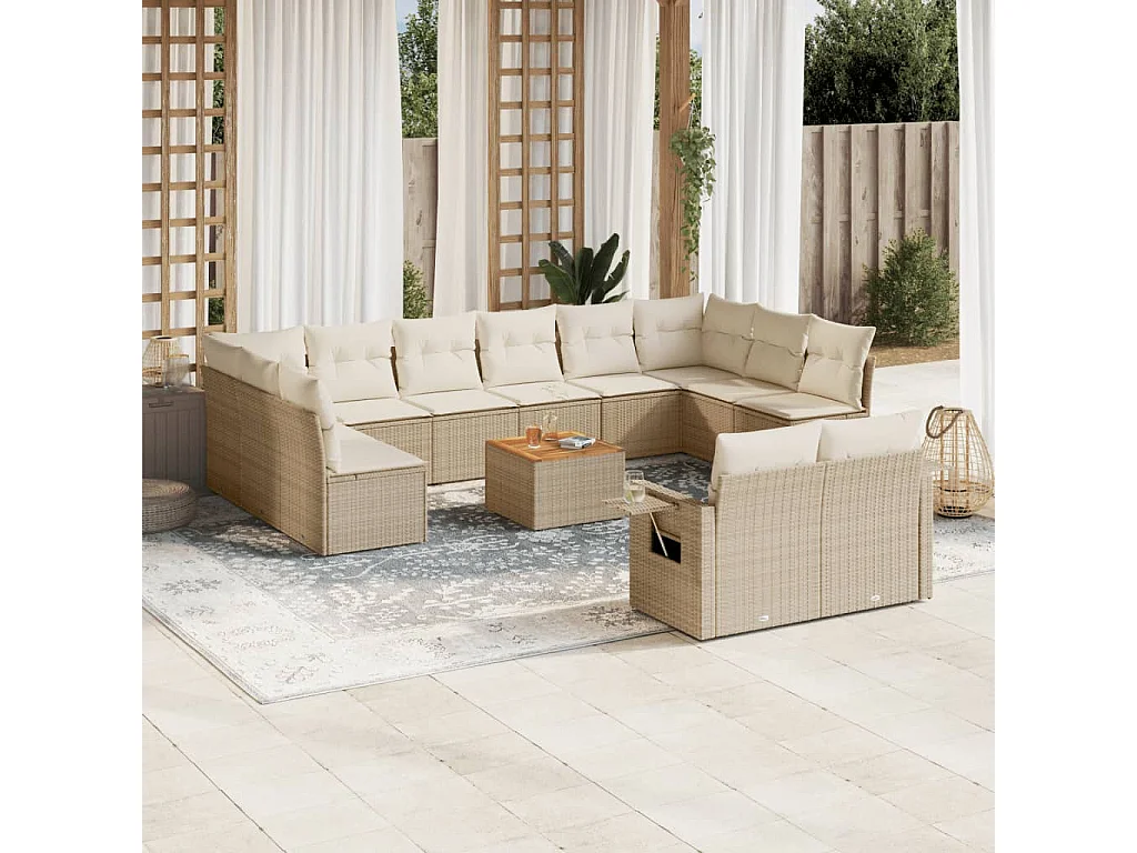 Salon de jardin avec coussins 13 pcs beige résine tressée