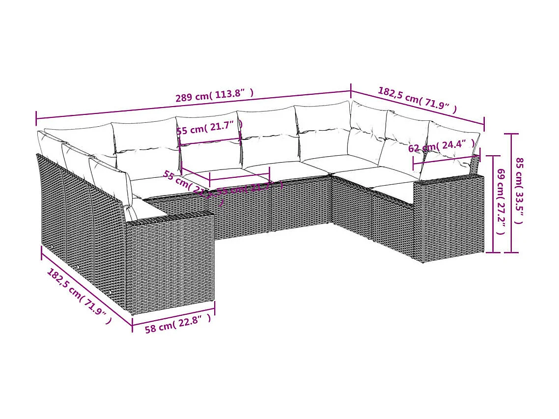 Salon de jardin 9 pcs avec coussins gris résine tressée