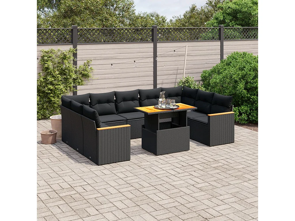 Salon de jardin 11 pcs avec coussins noir résine tressée