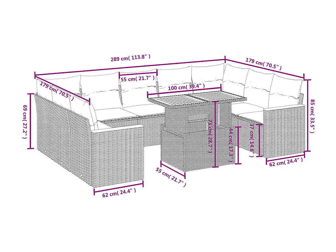 Salon de jardin 11 pcs avec coussins noir résine tressée
