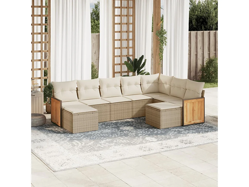 Salon de jardin avec coussins 9 pcs beige résine tressée
