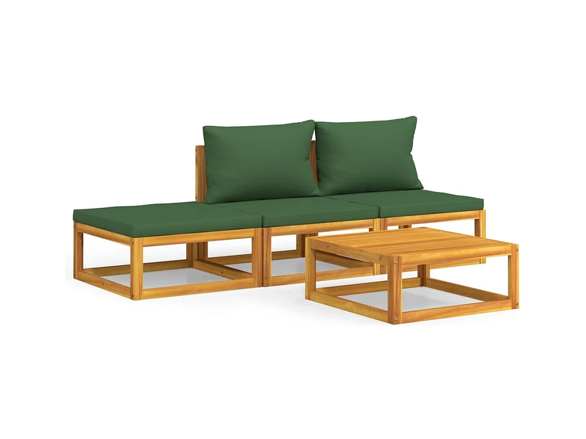 Salon de jardin 4 pcs avec coussins vert bois massif
