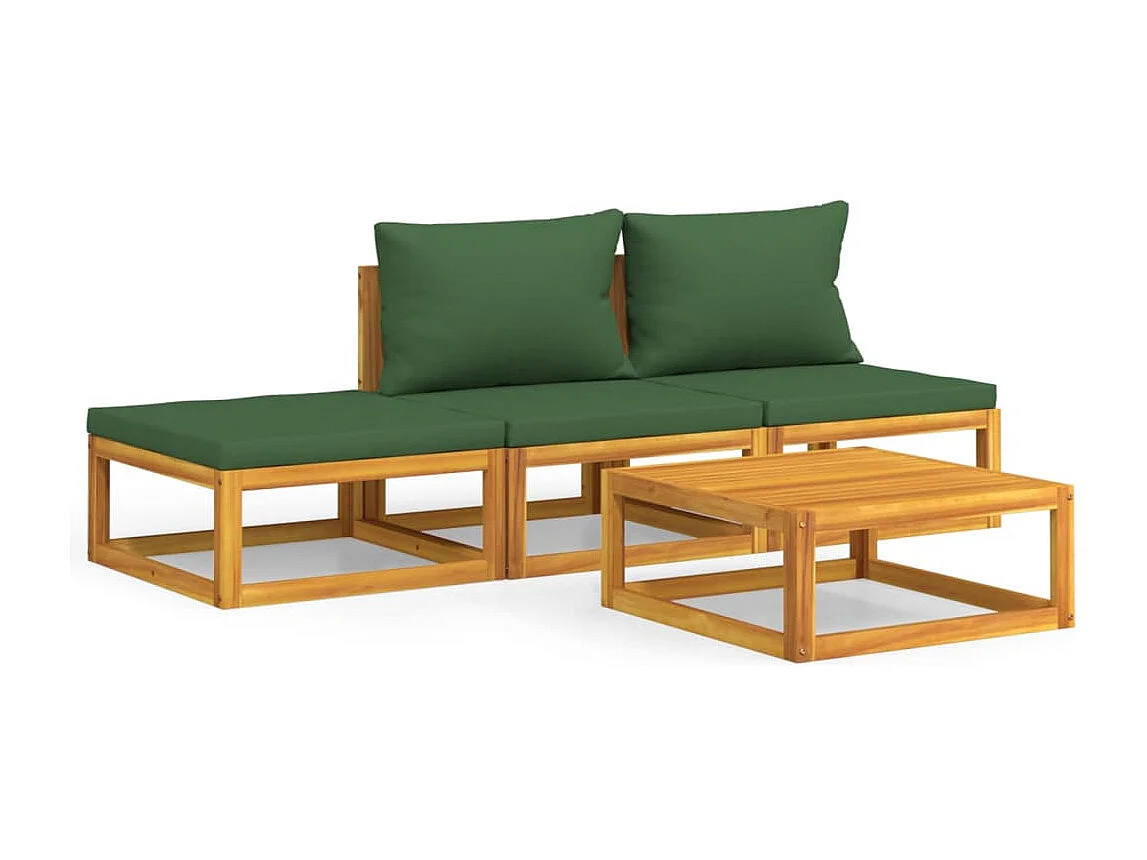 Salon de jardin 4 pcs avec coussins vert bois massif