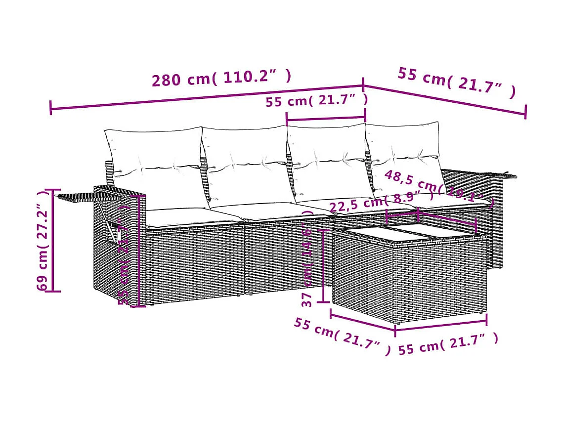 Salon de jardin 5 pcs avec coussins gris résine tressée