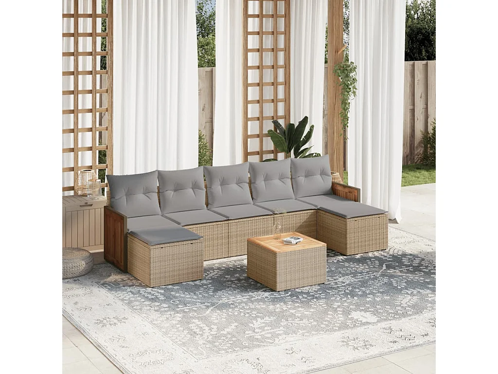Salon de jardin avec coussins 8 pcs beige résine tressée