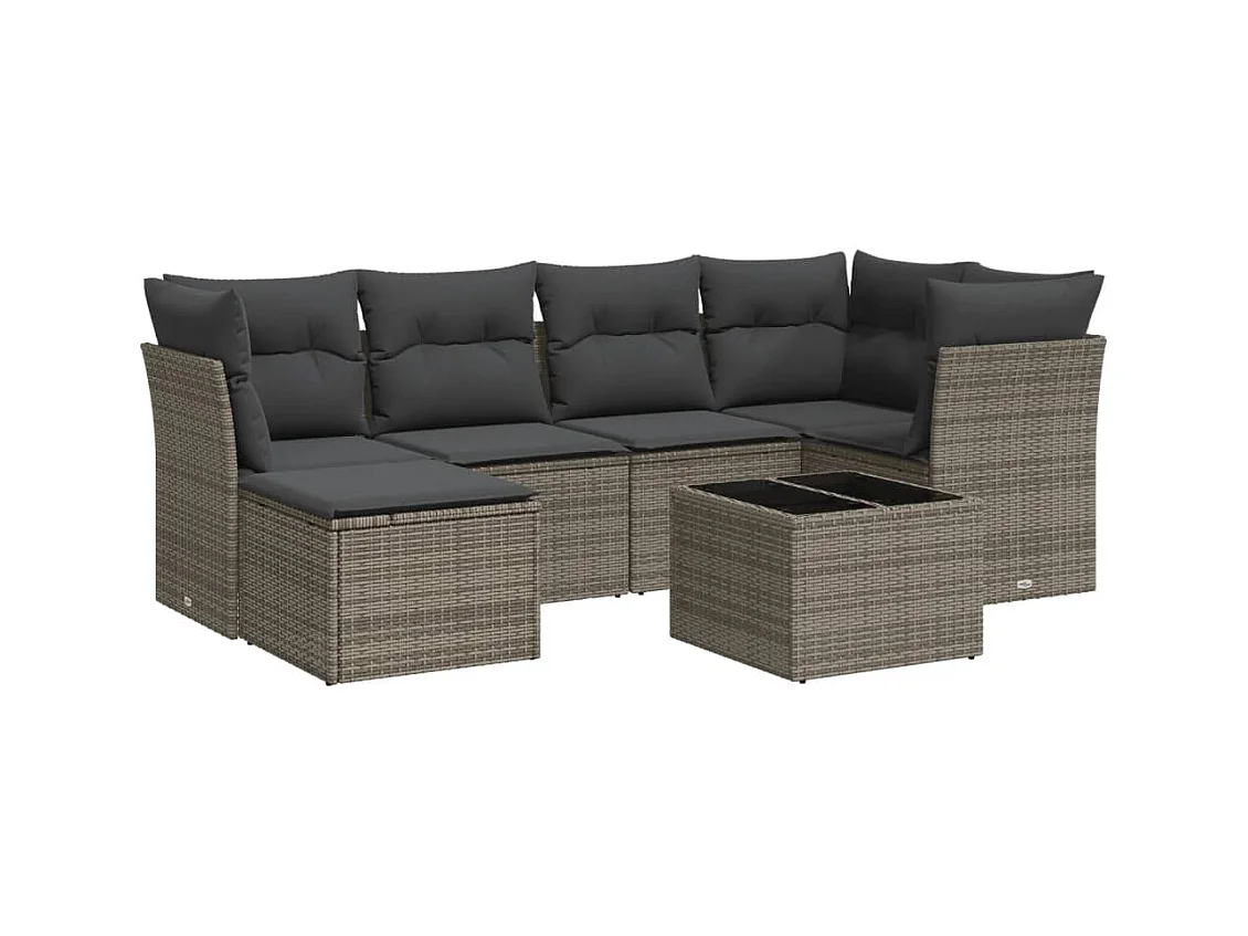 Salon de jardin avec coussins 7 pcs gris résine tressée