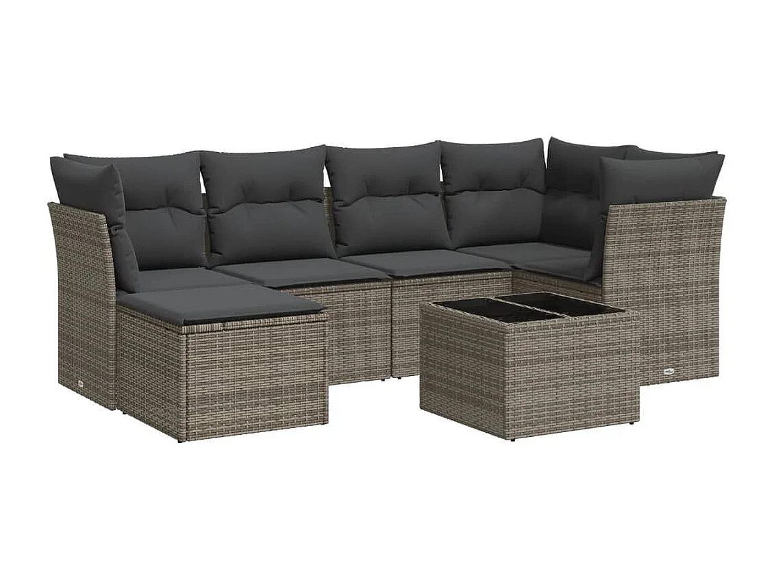 Salon de jardin avec coussins 7 pcs gris résine tressée