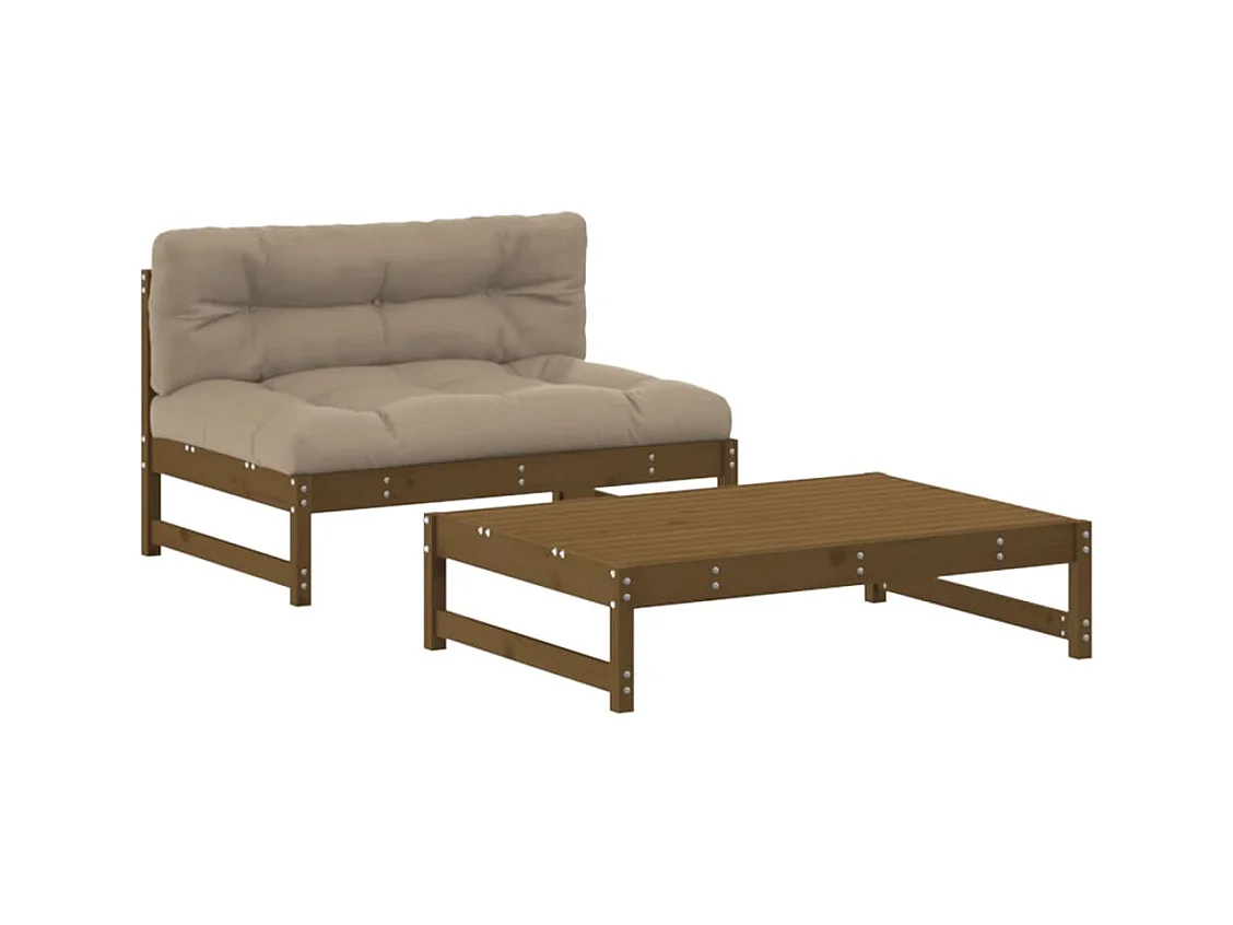 Salon de jardin 2 pcs avec coussins marron miel bois massif