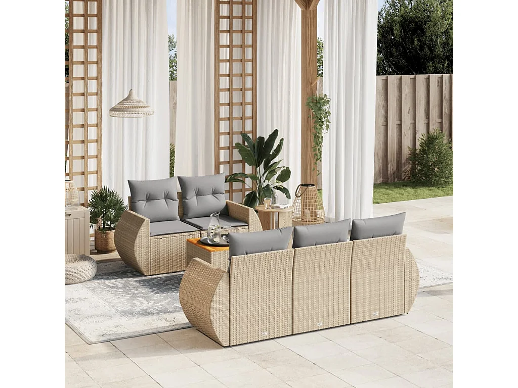 Salon de jardin avec coussins 6 pcs beige résine tressée