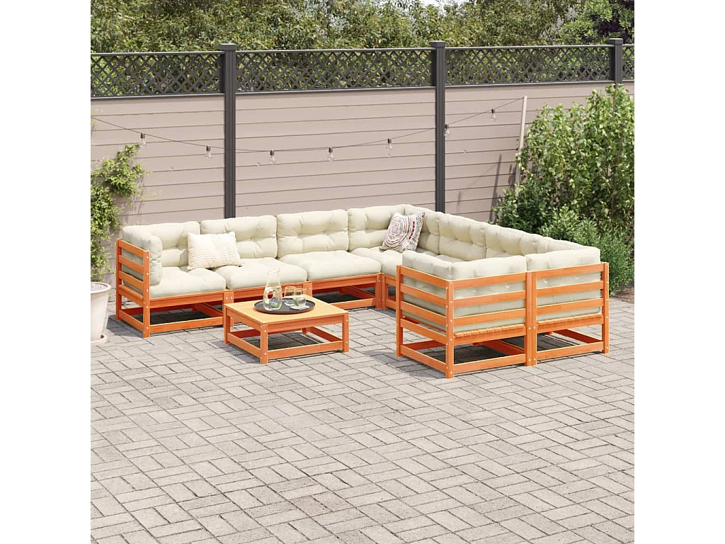 Salon de jardin 9 pcs avec coussins marron cire bois pin massif