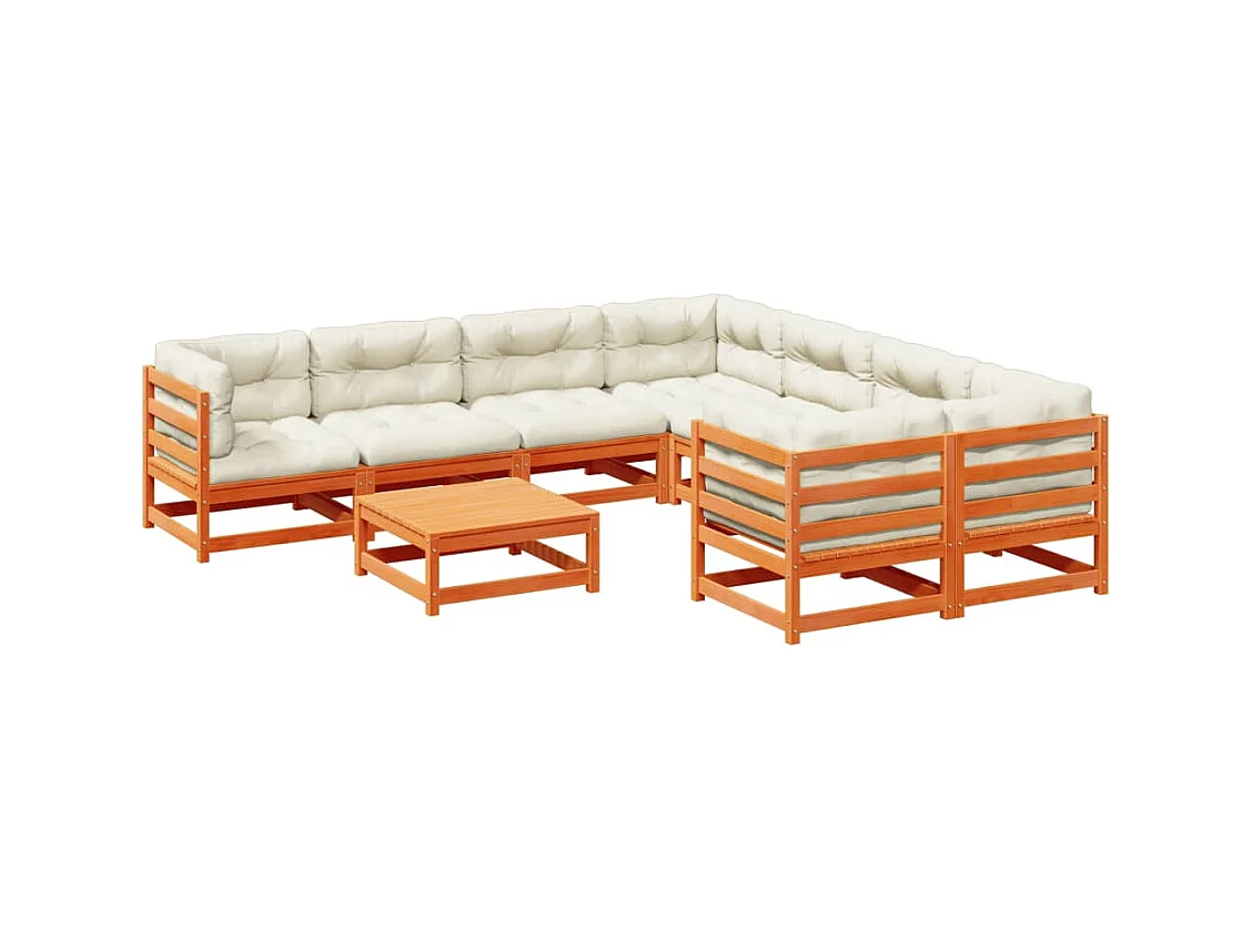 Salon de jardin 9 pcs avec coussins marron cire bois pin massif
