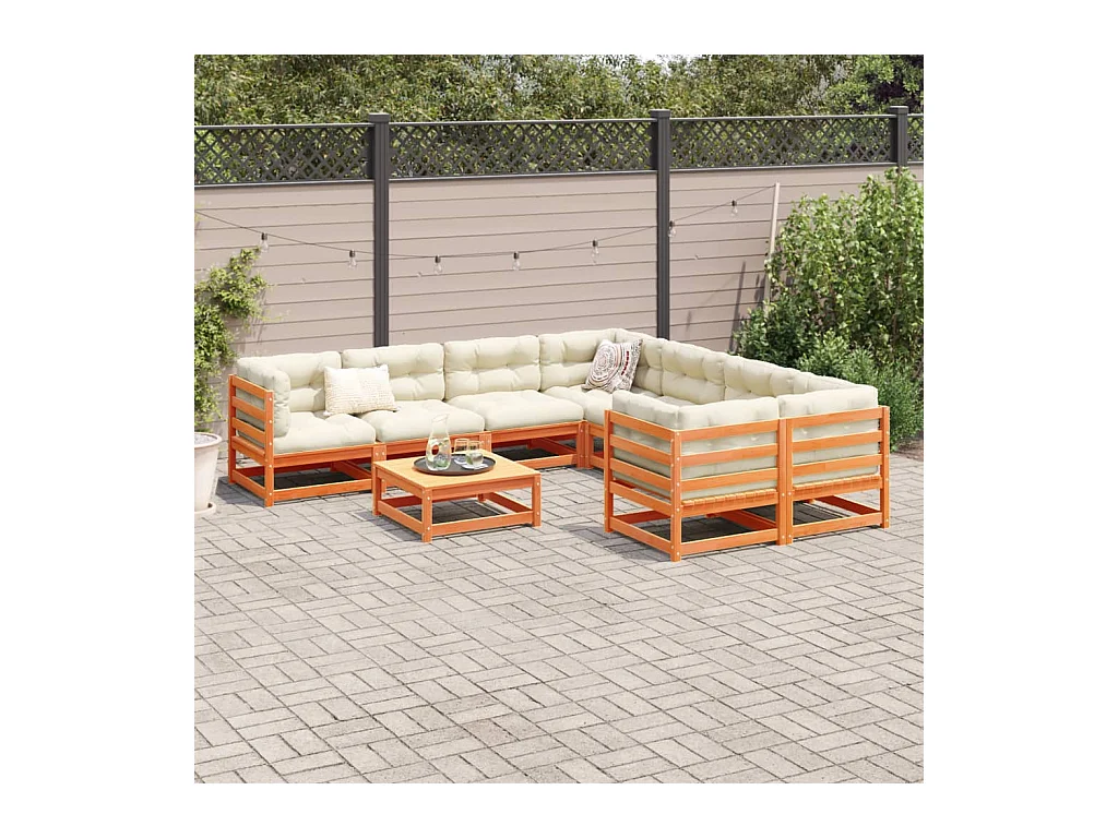 Salon de jardin 9 pcs avec coussins marron cire bois pin massif
