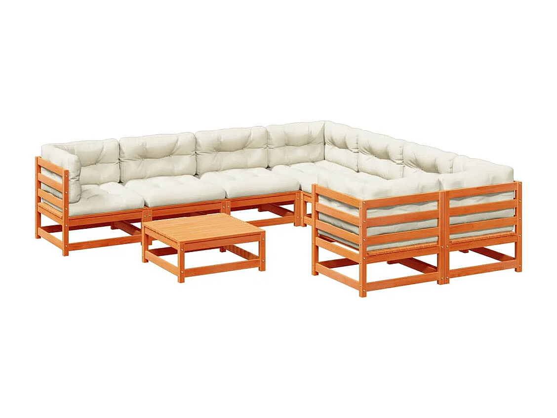 Salon de jardin 9 pcs avec coussins marron cire bois pin massif