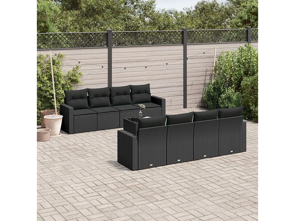 Salon de jardin 9 pcs avec coussins noir résine tressée