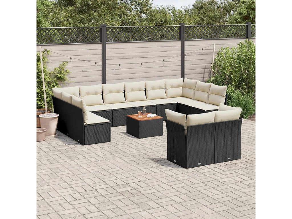 Salon de jardin avec coussins 13 pcs noir résine tressée