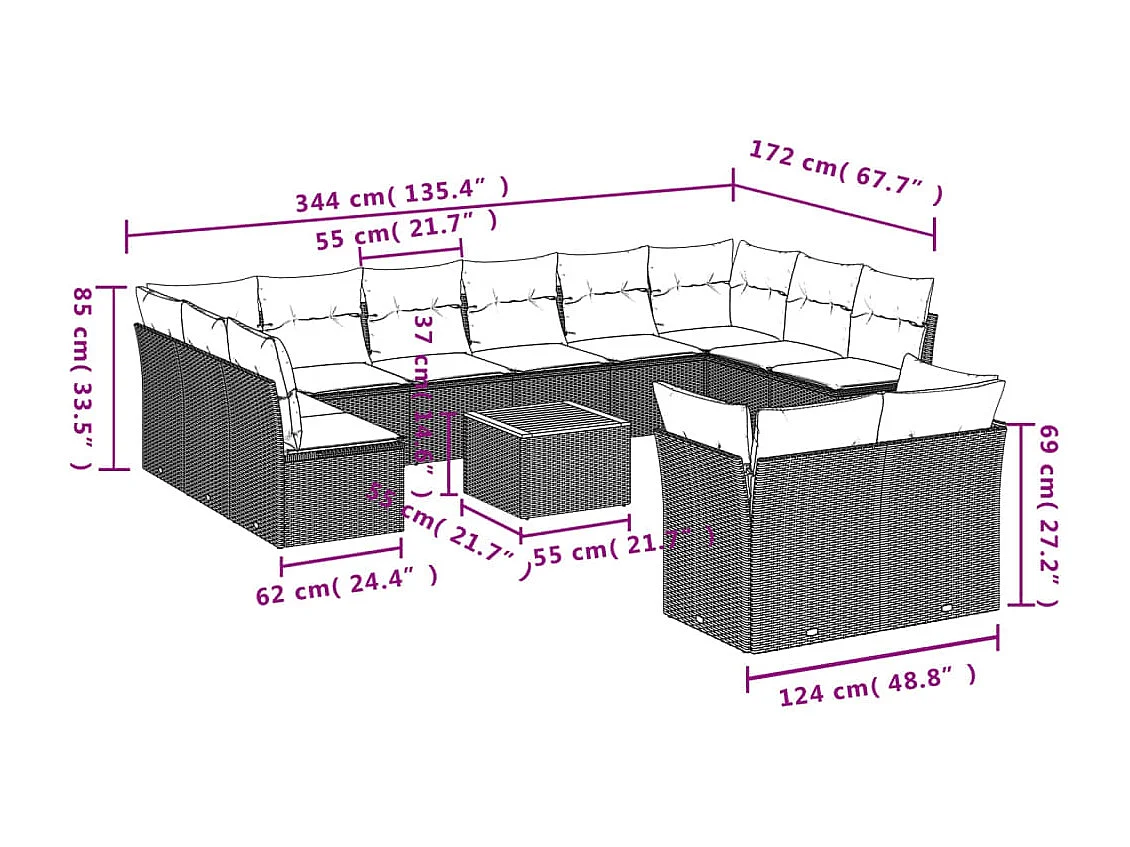 Salon de jardin avec coussins 13 pcs noir résine tressée