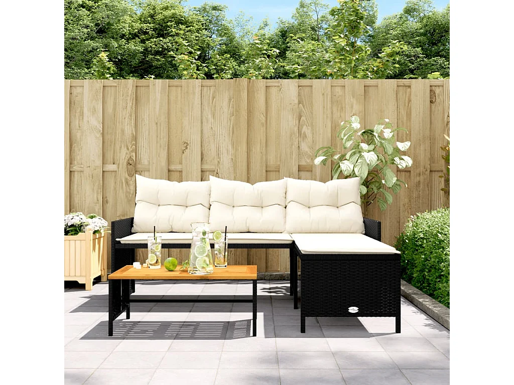 Canapé de jardin avec table et coussins en forme de L noir