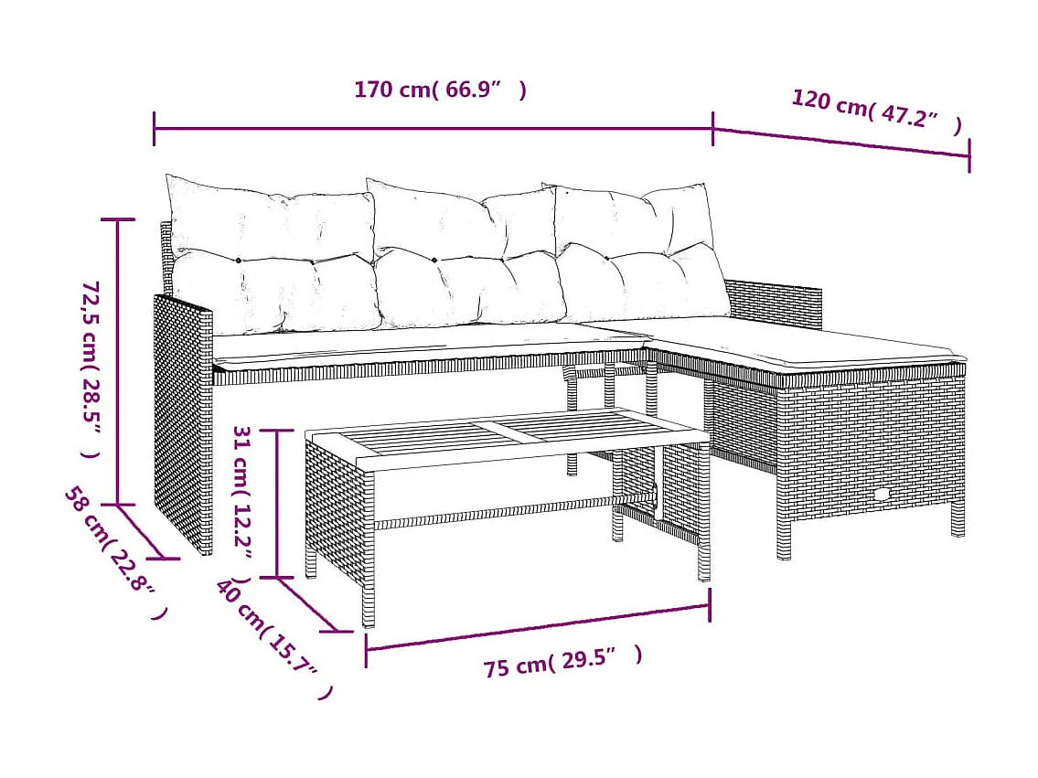 Canapé de jardin avec table et coussins en forme de L noir