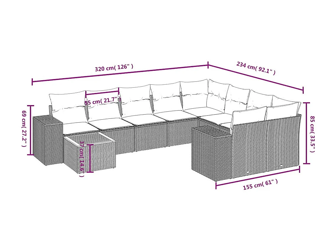 Salon de jardin 11 pcs avec coussins gris résine tressée