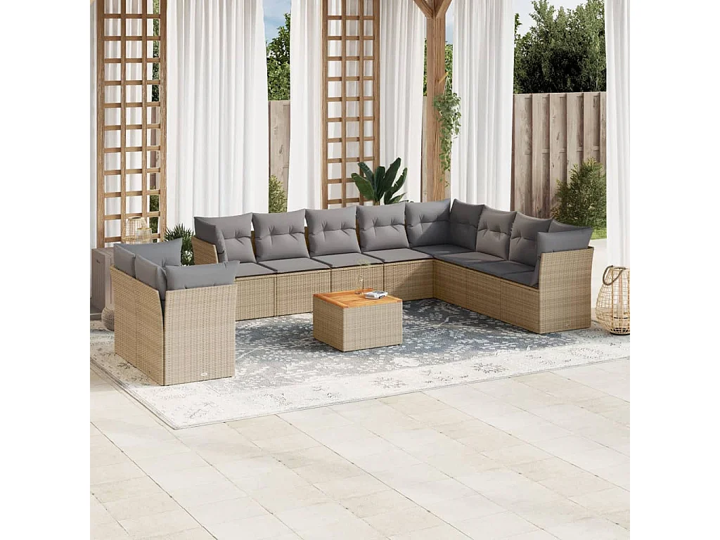 Salon de jardin 11 pcs avec coussins beige résine tressée