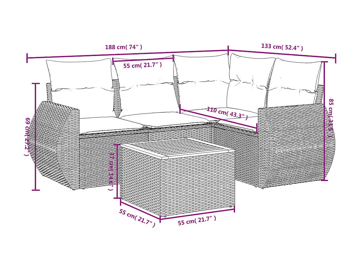 Salon de jardin avec coussins 5 pcs beige résine tressée