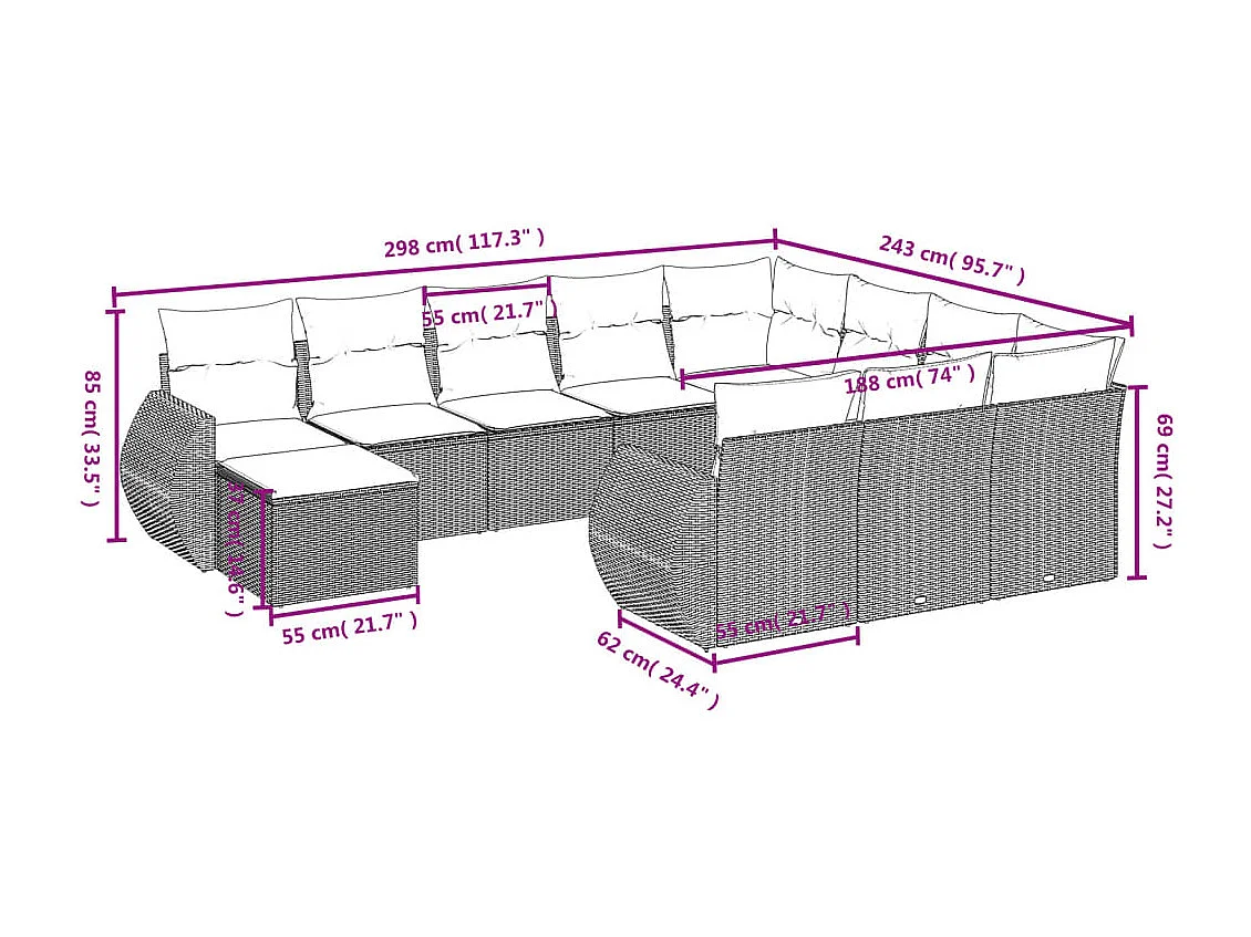 Salon de jardin 11 pcs avec coussins noir résine tressée