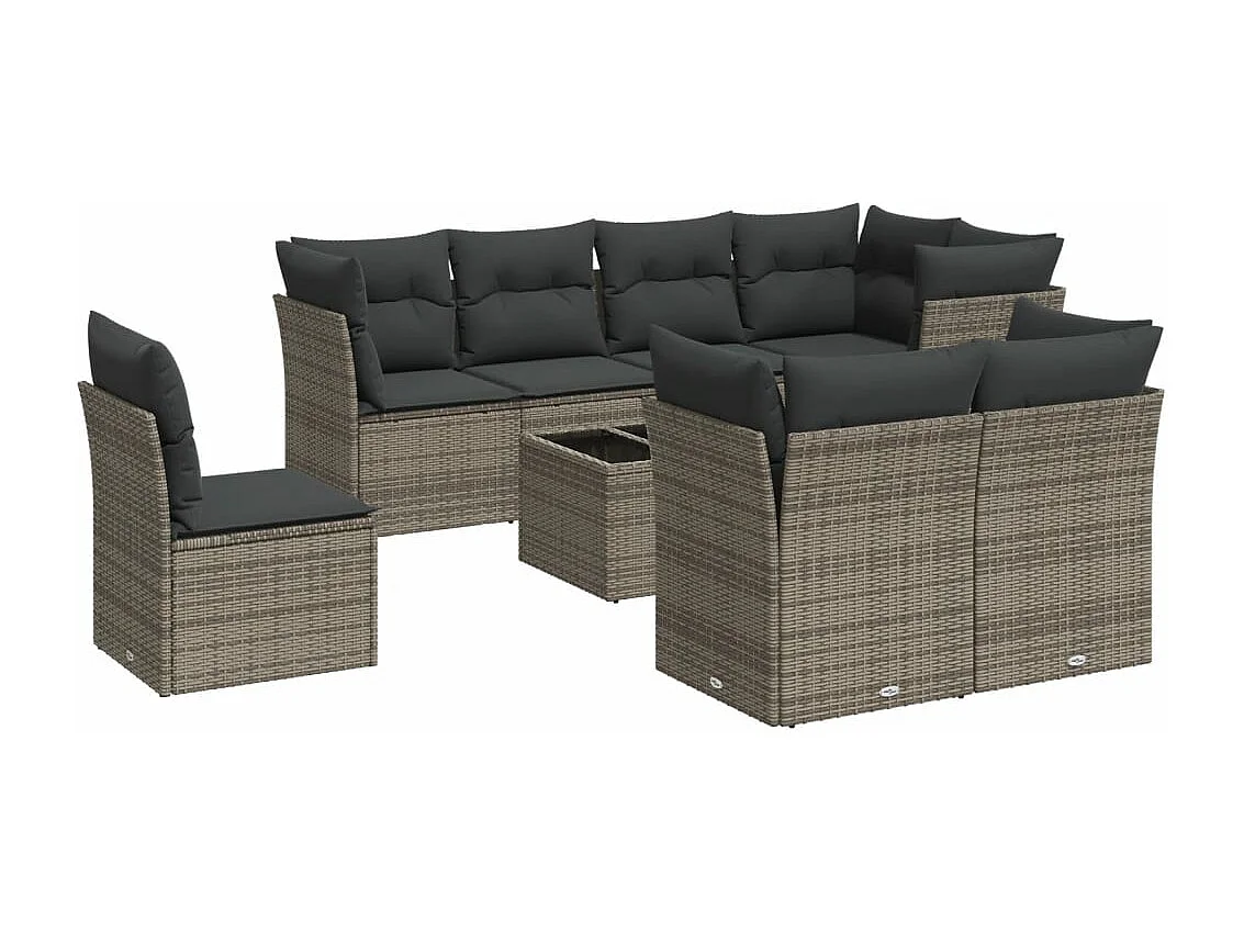 Salon de jardin 9 pcs avec coussins gris résine tressée