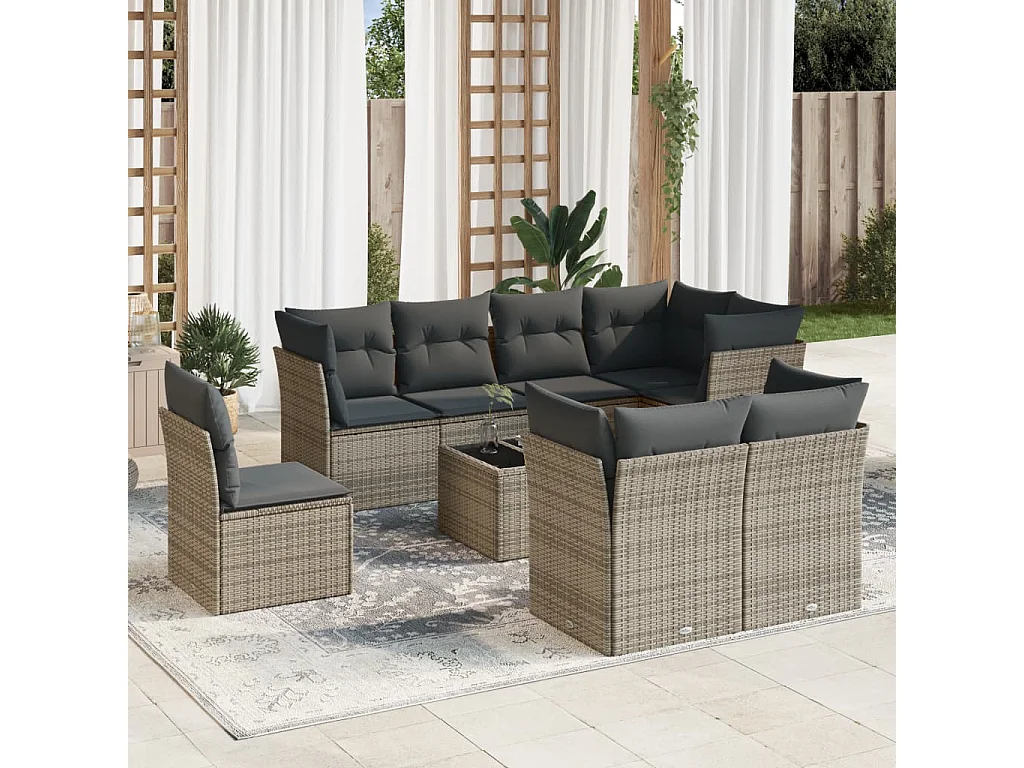 Salon de jardin 9 pcs avec coussins gris résine tressée