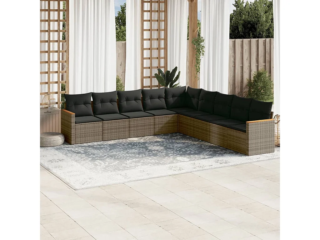 Salon de jardin 9 pcs avec coussins gris résine tressée