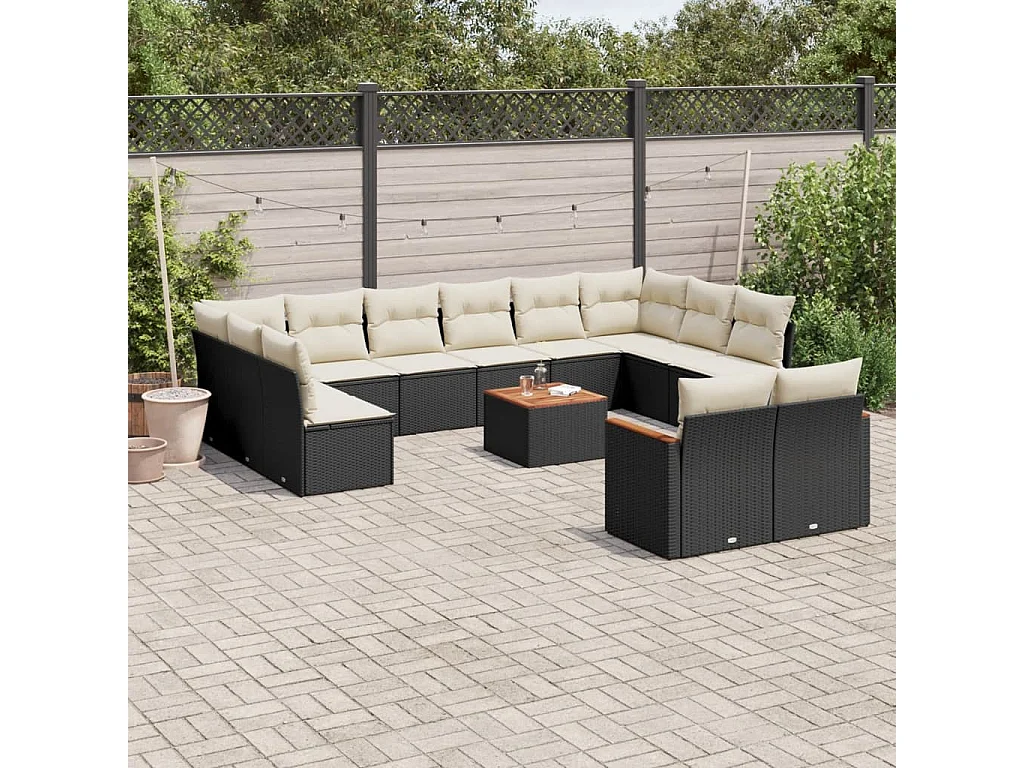 Salon de jardin avec coussins 13 pcs noir résine tressée
