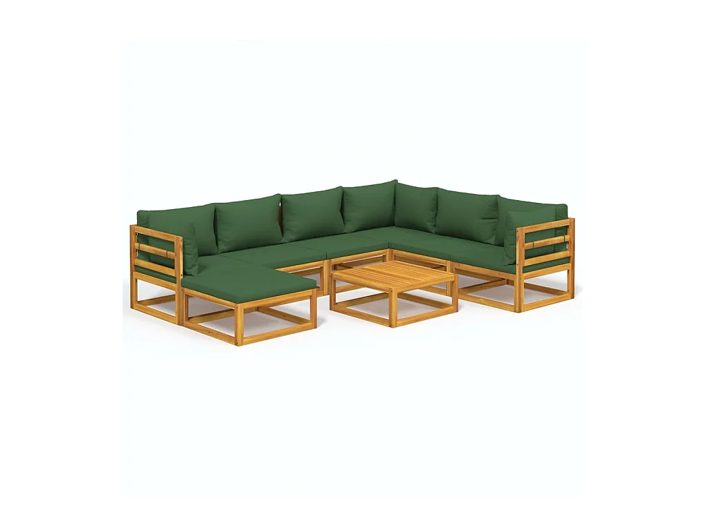Salon de jardin 8 pcs avec coussins vert bois massif