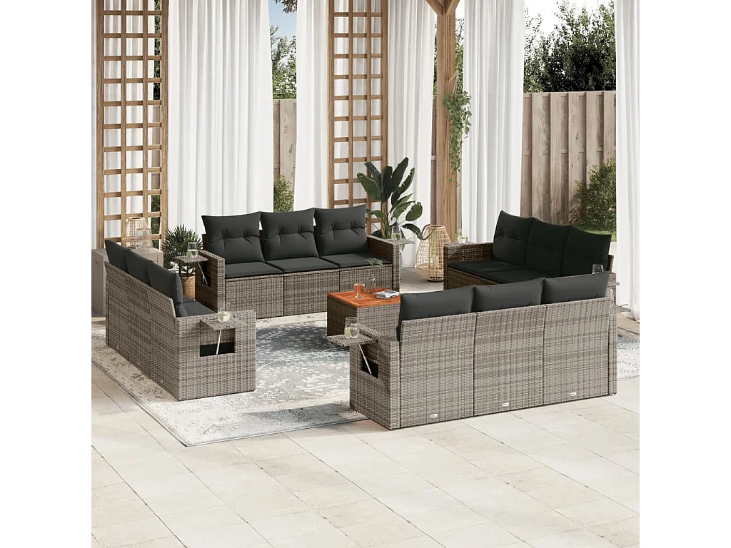 Salon de jardin avec coussins 13 pcs gris résine tressée