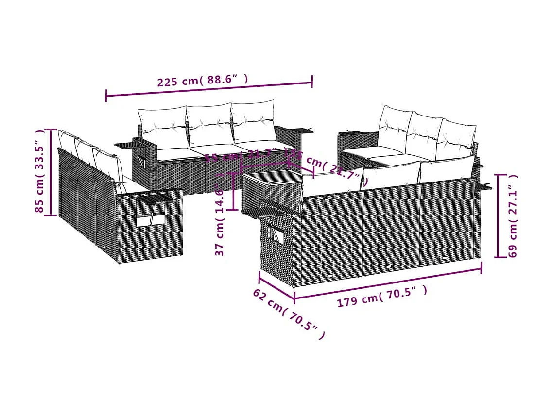 Salon de jardin avec coussins 13 pcs gris résine tressée