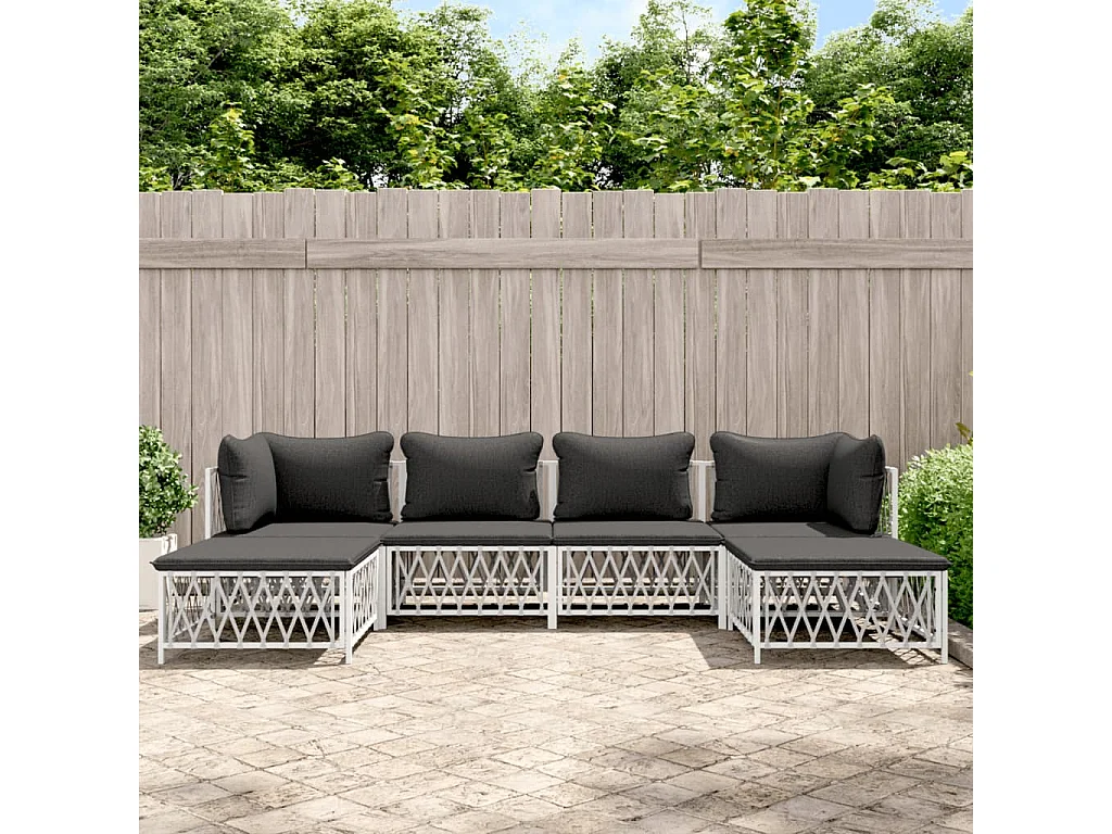 Salon de jardin avec coussins 6 pcs blanc acier