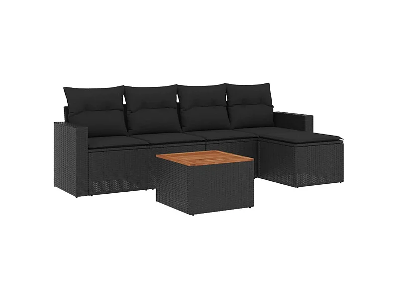 Salon de jardin 6 pcs avec coussins noir résine tressée