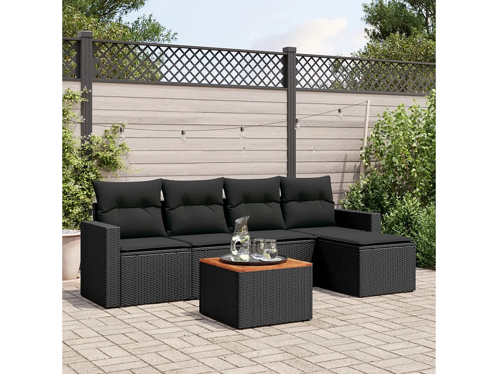 Salon de jardin 6 pcs avec coussins noir résine tressée