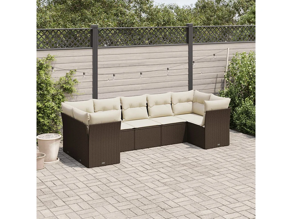 Salon de jardin avec coussins 7 pcs marron résine tressée