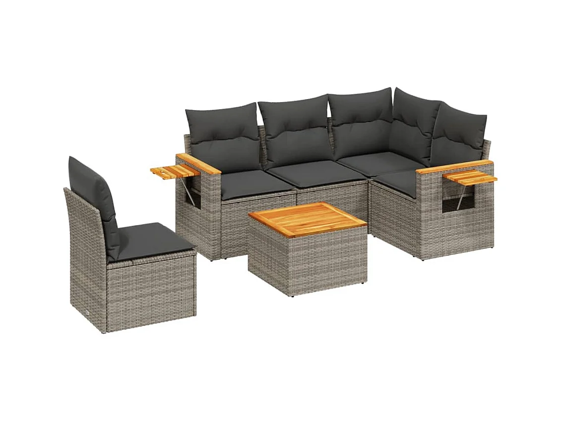 Salon de jardin 6 pcs avec coussins gris résine tressée