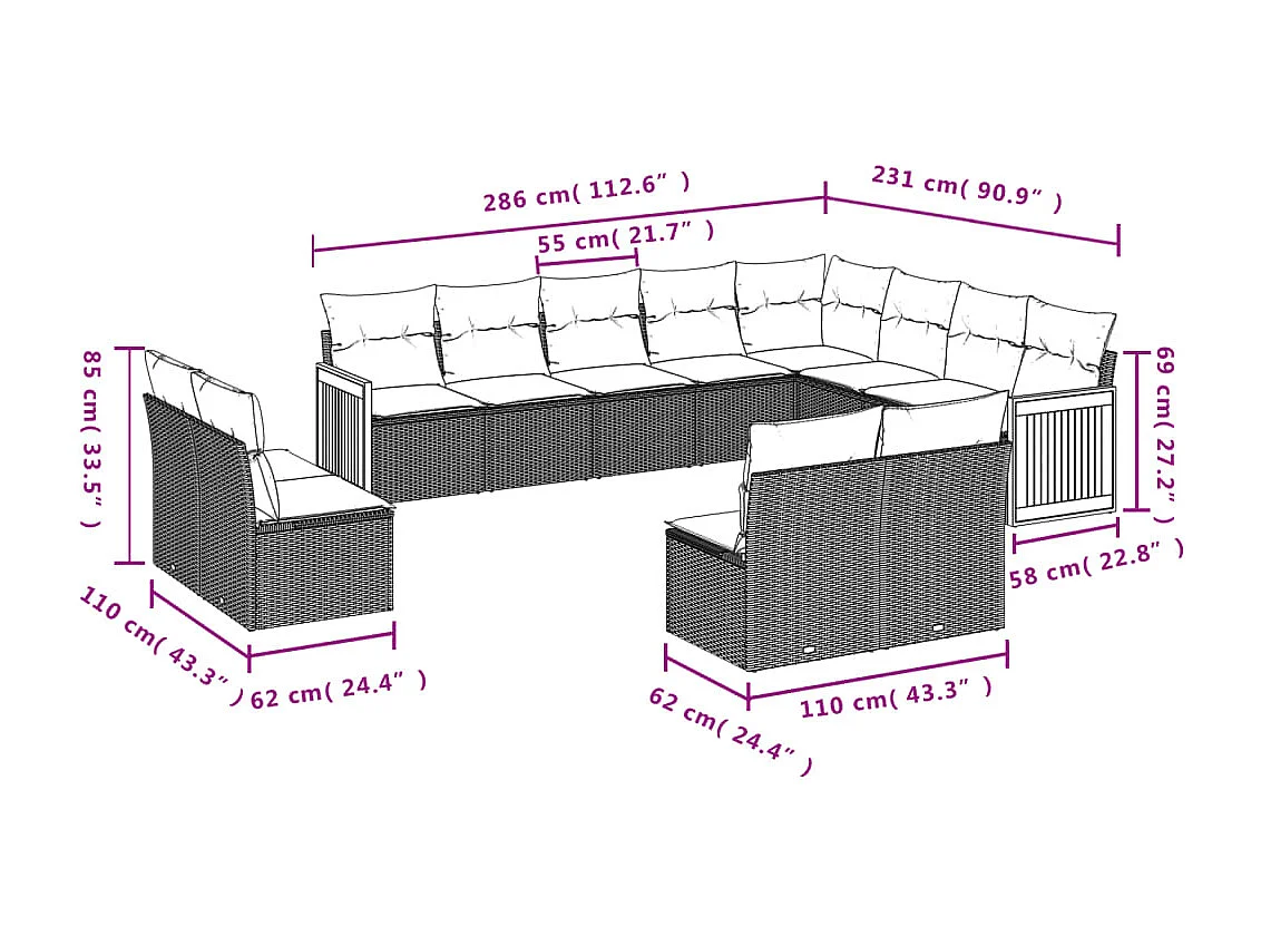 Salon de jardin 12 pcs avec coussins noir résine tressée