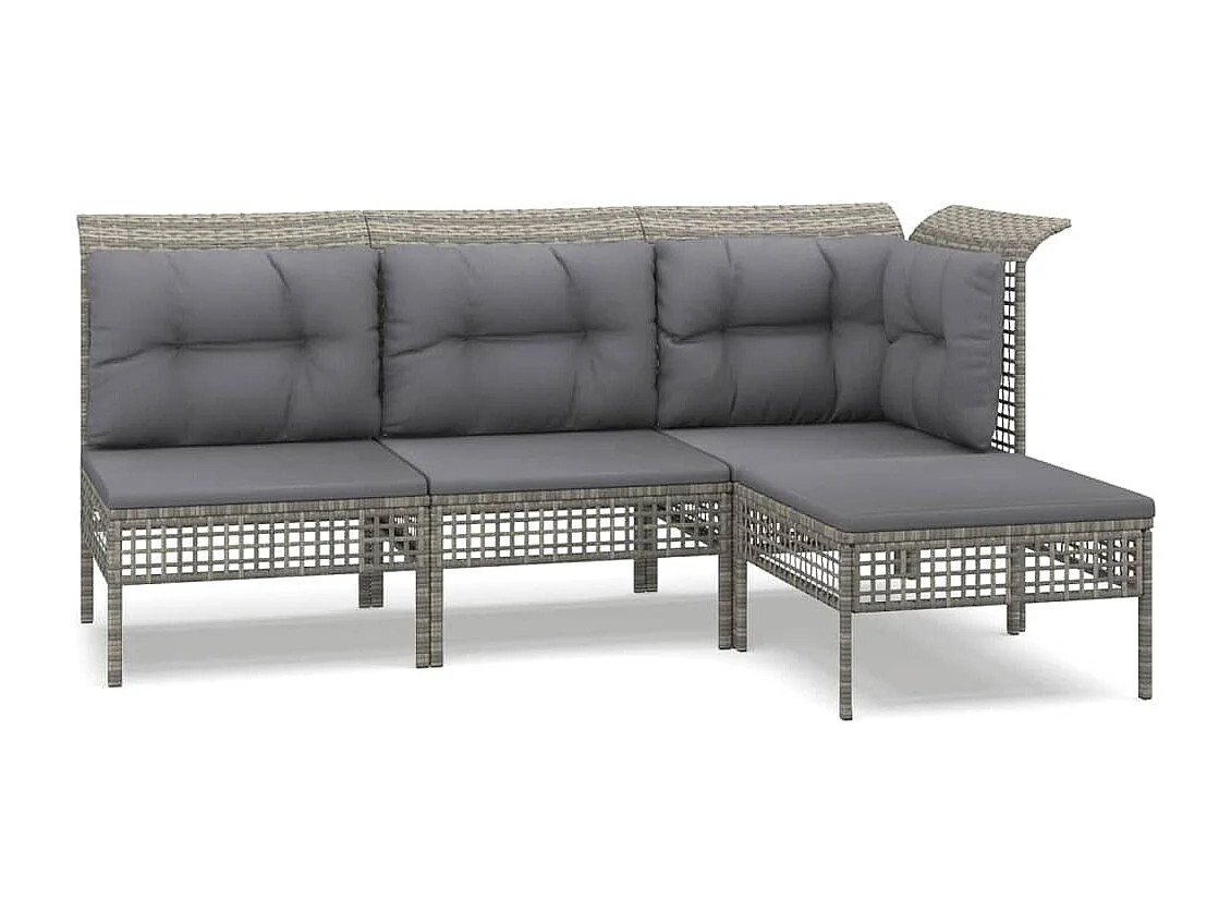 Salon de jardin 4 pcs avec coussins Gris Résine tressée