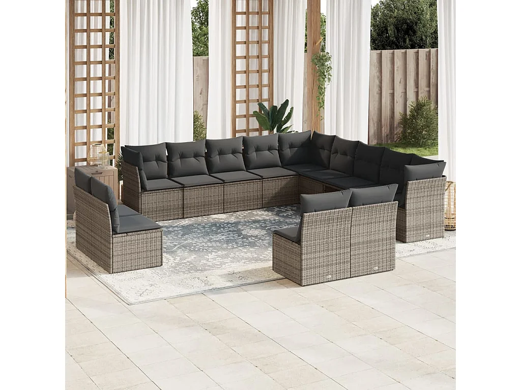 Salon de jardin avec coussins 13 pcs gris résine tressée