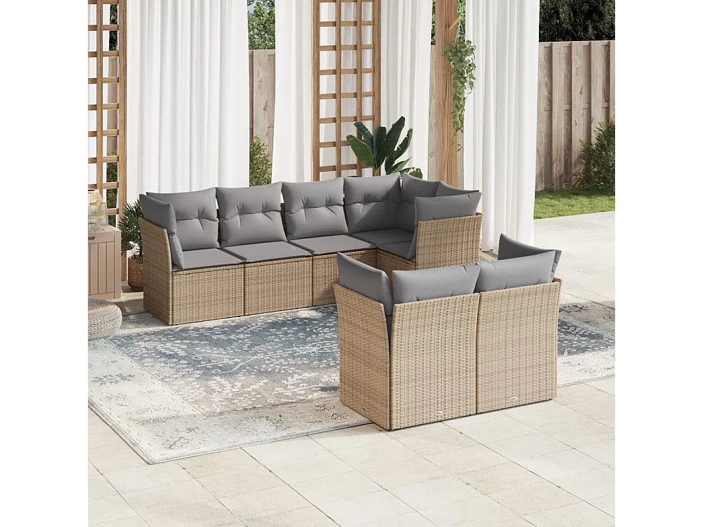 Salon de jardin avec coussins 7 pcs beige résine tressée